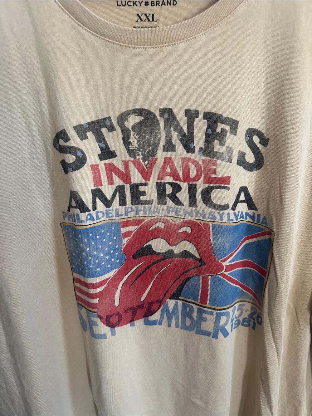 Lucky Brand Cream Graphic Tee with Red & Blue Tongue Logo rolling stones